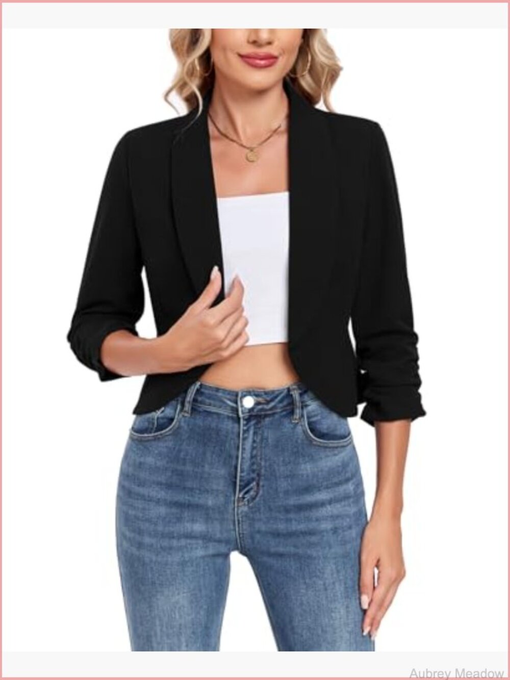 Cropped Blazer - 3/4 Ruched Sleeve Open Front Cardigan Jacket - Picture 5 of 6